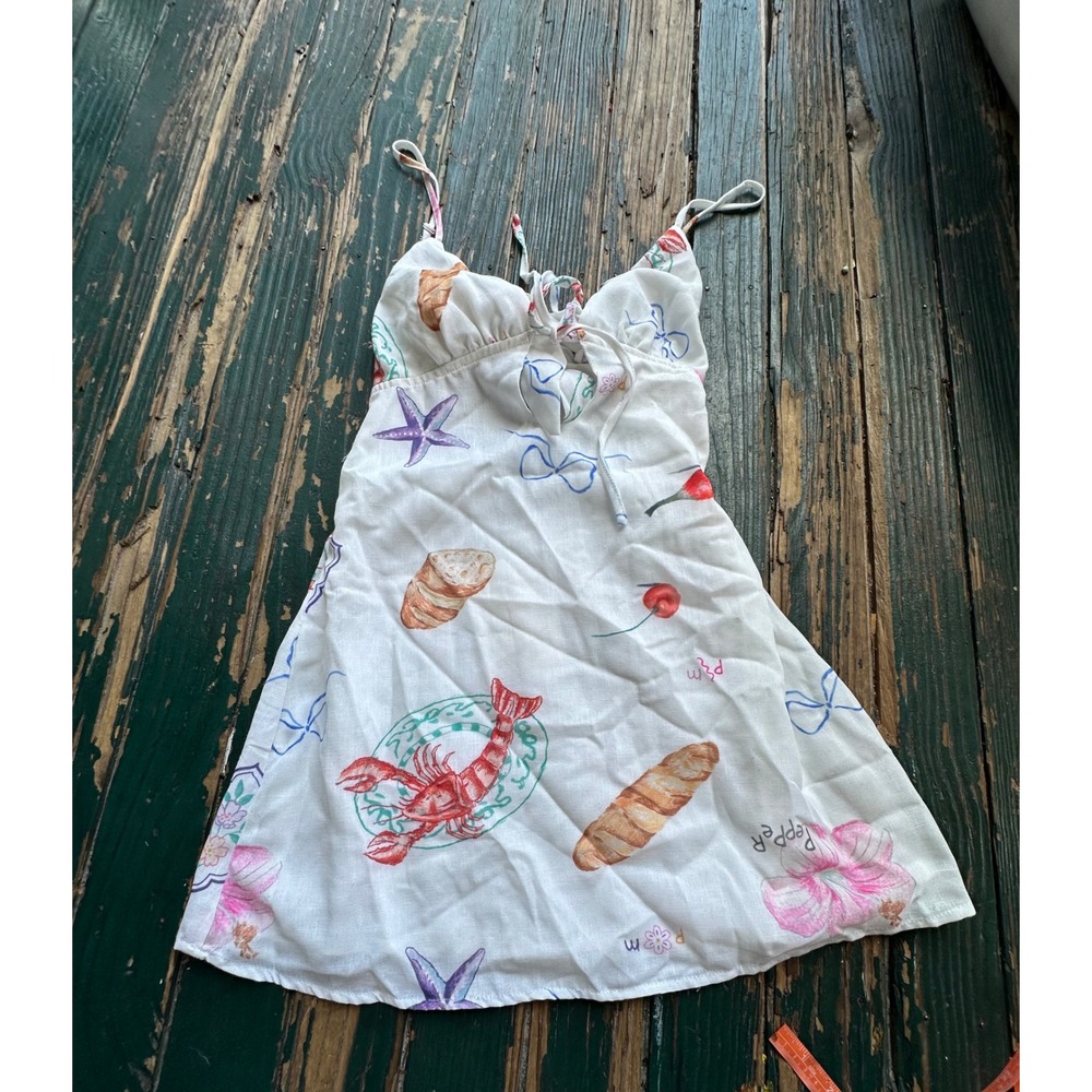 Peppermayo Flora Linen Mini Dress Banchetto Lobster Print White US 4 NEW